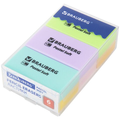 Ластики BRAUBERG PASTEL SOFT НАБОР 6 шт., размер ластика 45х25х10 мм, экологичный ПВХ, 271340 271340