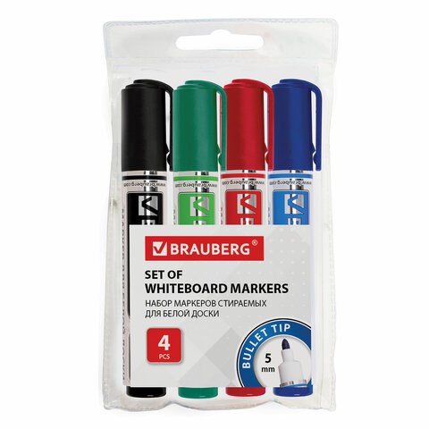 Маркеры стираемые для белой доски НАБОР 4 ЦВЕТА, BRAUBERG "Neo", 5 мм, с клипом, 150491 150491