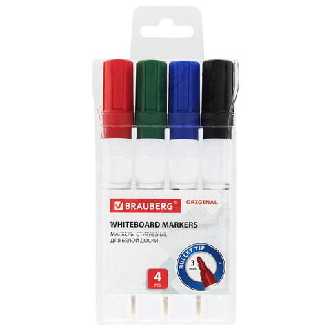 Маркеры стираемые для белой доски НАБОР 4 ЦВЕТА, BRAUBERG "ORIGINAL", 3 мм, 152120 152120