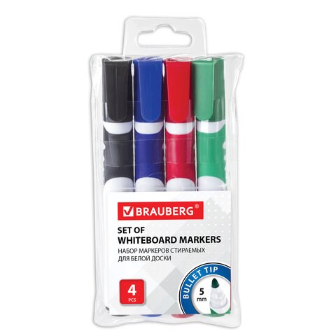Маркеры стираемые для белой доски НАБОР 4 ЦВЕТА, BRAUBERG "SOFT", 5 мм, резиновая вставка, 151252 151252