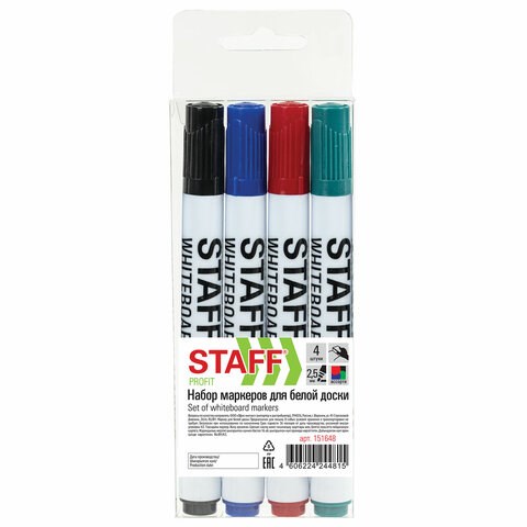 Маркеры стираемые для белой доски НАБОР 4 ЦВЕТА, STAFF "Profit" WBM-644, 2,5 мм, 151648 151648