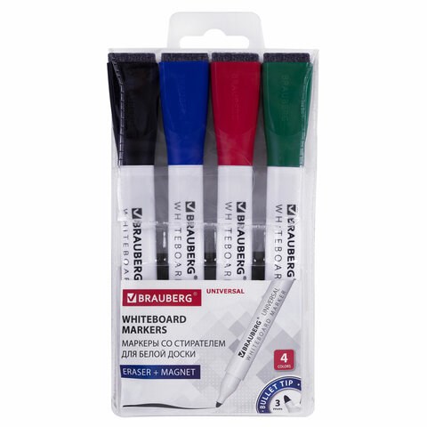 Маркеры стираемые на магните со стирателем для белой доски, 4 ЦВЕТА, BRAUBERG "UNIVERSAL", 3 мм, 152491 152491