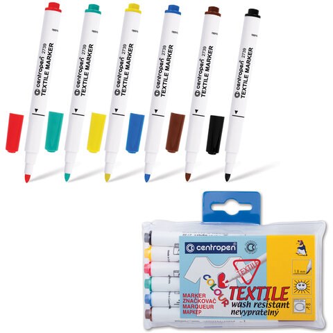 Маркеры для ткани 6 ЦВЕТОВ CENTROPEN "Textile Marker", круглый наконечник, 1,8 мм, 2739/6, 5 2739 0610 150569
