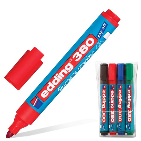 Маркеры для бумажного флипчарта EDDING 380, НАБОР 4 ЦВЕТА, НЕПРОПИТЫВАЮЩИЕ, 1,5-3 мм, E-380/4S 150677