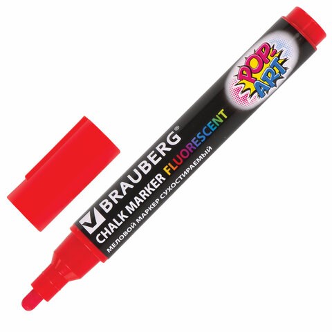 Маркер меловой "POP-ART" КРАСНЫЙ, 5 мм, стираемый, для гладких поверхностей, BRAUBERG, 151529 151529