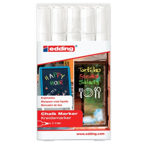 Маркеры меловые EDDING 4095 НАБОР 5 шт., 2-3 мм, БЕЛЫЕ, влагостираемые, для гладких поверхностей, E-4095/5S/49 151334