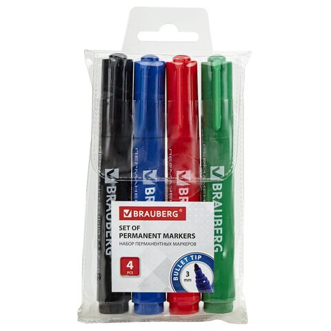 Маркеры перманентные BRAUBERG "Classic", НАБОР 4 ЦВЕТА, круглый наконечник, 3 мм, 150299 150299