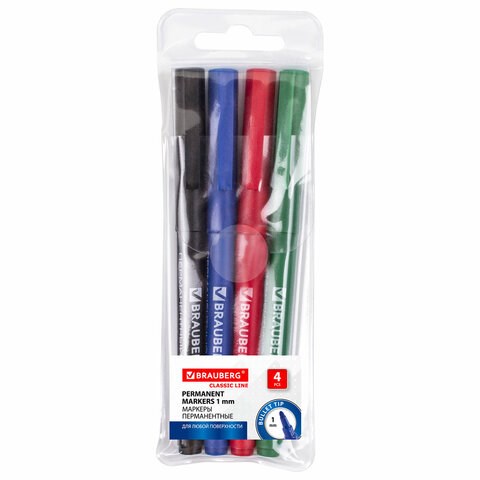 Маркеры перманентные BRAUBERG "CLASSICLine", НАБОР 4 ЦВЕТА, тонкий наконечник 1 мм, 150295 150295