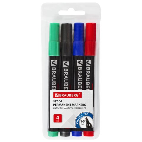 Маркеры перманентные BRAUBERG "Contract", НАБОР 4 ЦВЕТА, скошенный наконечник, 1-5 мм, 150473 150473