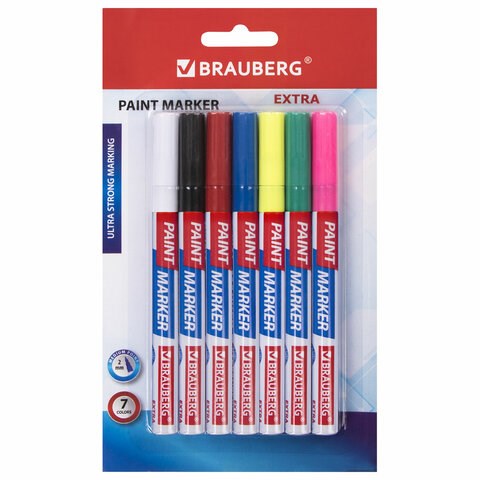 Маркер-краска лаковый EXTRA (paint marker) 2 мм, НАБОР 7 цветов, УСИЛЕННАЯ НИТРО-ОСНОВА, BRAUBERG, 151996 151996