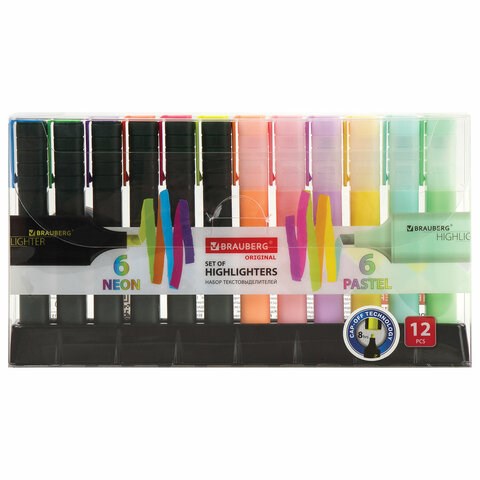 Набор текстовыделителей 12 ЦВЕТОВ на подставке, BRAUBERG "ORIGINAL", линия письма 1-5 мм, 151699 151699