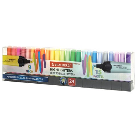 Набор текстовыделителей 24 ЦВЕТА на подставке, BRAUBERG "DELTA", 15 пастельных цветов + 9 неоновых цветов, линия 1-5 мм, 152506 152506
