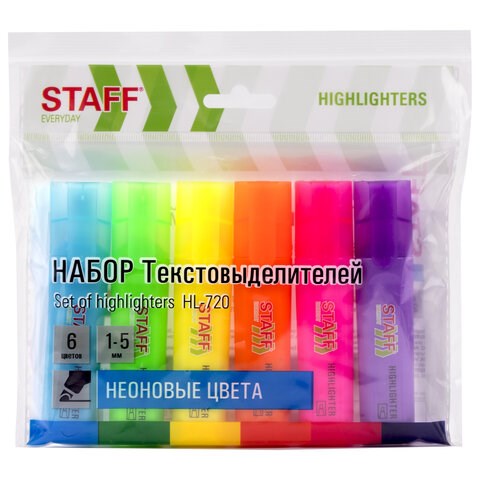 Набор текстовыделителей 6 НЕОНОВЫХ ЦВЕТОВ, STAFF "EVERYDAY HL-720", линия 1-5 мм, скошенный наконечник, 152556 152556