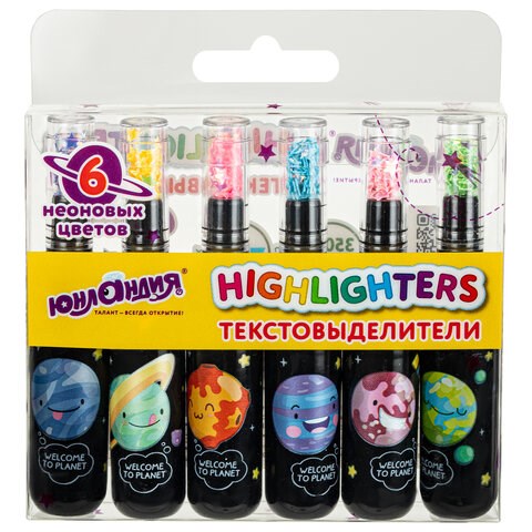 Набор текстовыделителей 6 НЕОНОВЫХ ЦВЕТОВ, ЮНЛАНДИЯ "КОСМОС", линия 1-5 мм, 152512 152512