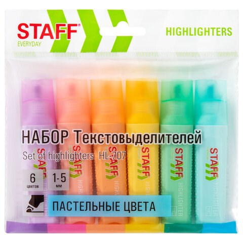 Набор текстовыделителей 6 ПАСТЕЛЬНЫХ ЦВЕТОВ, STAFF "EVERYDAY HL-707", линия 1-5 мм, скошенный наконечник, 152551 152551