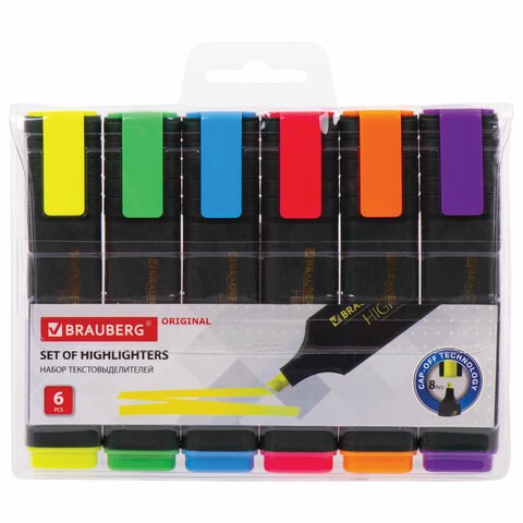 Набор текстовыделителей 6 ЦВЕТОВ, BRAUBERG "ORIGINAL", линия письма 1-5 мм, 151690 151690