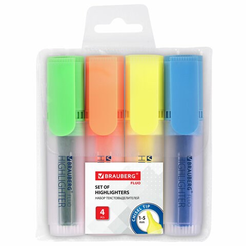 Набор текстовыделителей BRAUBERG 4 шт., АССОРТИ, "FLUO", линия 1-5 мм, 150403 150403