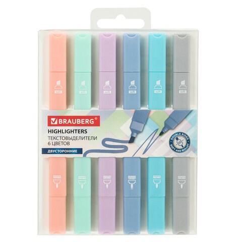 Набор текстовыделителей двусторонних 6 ПАСТЕЛЬНЫХ ЦВЕТОВ, BRAUBERG "Macaroon", линия 1-5 мм, 152513 152513