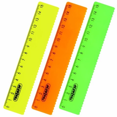 Линейка пластиковая 15 см, ПИФАГОР, неоновая, ассорти, с волнистым краем, 210614 210614