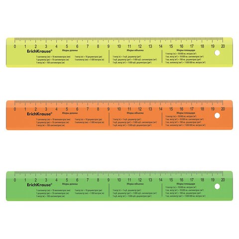 Линейка пластиковая 20 см, ERICH KRAUSE "NEON", с единицами измерения, ассорти, 55502 210809