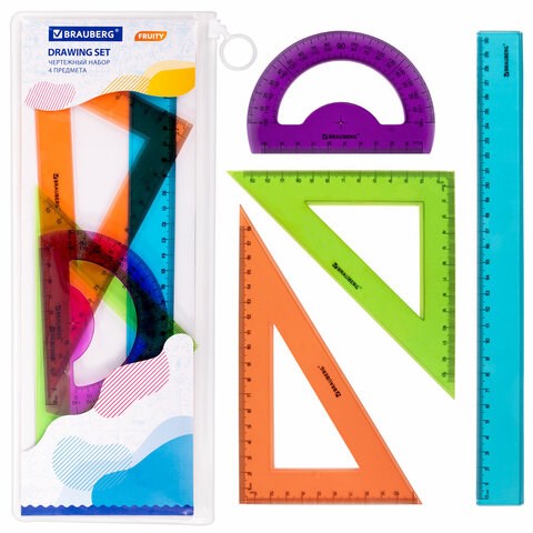Набор чертежный большой BRAUBERG "FRUITY" (линейка 30 см, 2 треугольника, транспортир), ассорти, пенал, 210772 210772