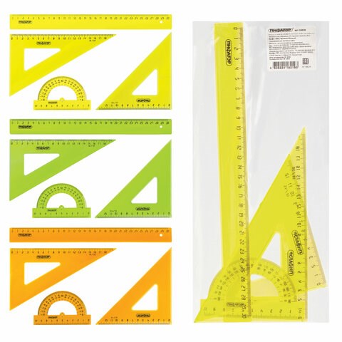 Набор чертежный большой ПИФАГОР (линейка 30 см, 2 треугольника, транспортир), прозрачный, неоновый, пакет, 210629 210629