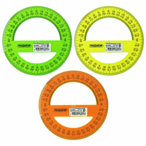 Транспортир 12 см, 360 градусов, ПИФАГОР, прозрачный, неоновый, ассорти, 210621 210621