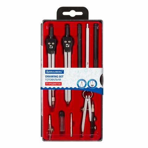 Готовальня BRAUBERG "Architect", 9 предметов: циркуль + измер + кронциркуль, рейсфедер + держатель, 2 вставки, удлинитель, грифель, 210353 210353