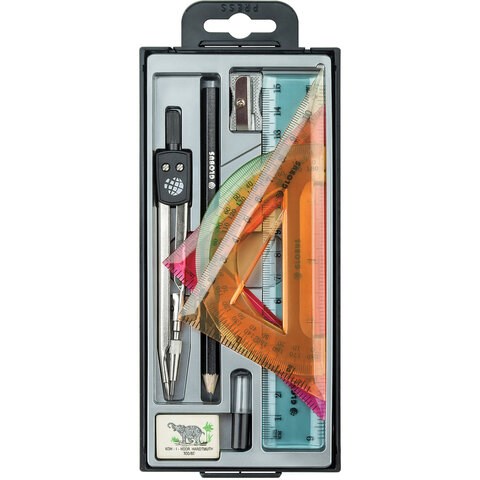 Набор чертежный GLOBUS с циркулем 125 мм, 9 предметов, пластиковый пенал с европодвесом, НЧ9-30-60 210781