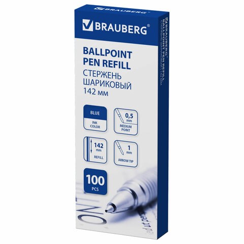 Стержень шариковый BRAUBERG 142 мм, СИНИЙ, стандартный узел 1,0 мм, линия письма 0,5 мм, 170403 170403