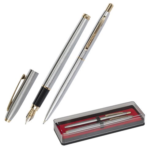 Набор ручек подарочных BRAUBERG Brioso, СИНИЕ, 2 шт.: шариковая, перьевая, серебистые с золотистым, 143465 143465