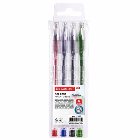 Ручки гелевые BRAUBERG "Jet", НАБОР 4 ЦВЕТА, узел 0,5 мм, линия письма 0,35 мм, 141023 141023