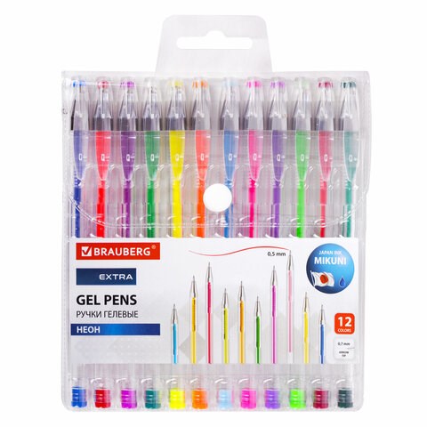 Ручки гелевые НЕОН BRAUBERG "EXTRA", НАБОР 12 ЦВЕТОВ, узел 0,7 мм, линия 0,5 мм, 143912 143912