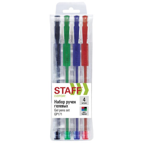 Ручки гелевые с грипом STAFF "EVERYDAY" GP-171, НАБОР 4 ЦВЕТА, узел 0,5 мм, линия письма 0,35 мм, 141826 141826