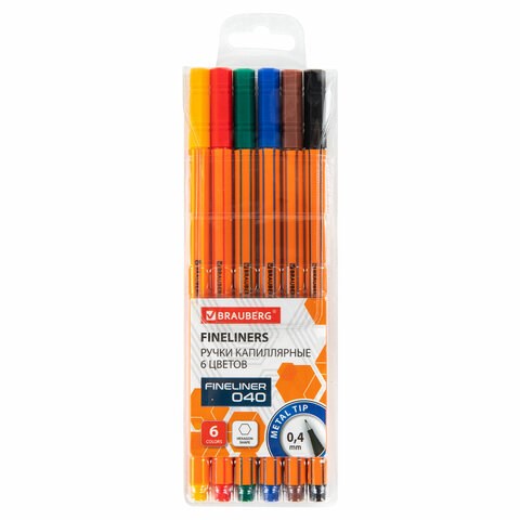 Ручки капиллярные (линеры) 6 ЦВЕТОВ, BRAUBERG "FINE 040", шестигранные, линия 0,4 мм, 144141 144141