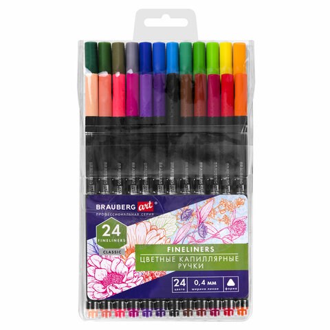 Ручки капиллярные (линеры), 24 ЦВЕТА, BRAUBERG ART "Classic", трехгранные, металлический наконечник, линия письма 0,4 мм, 144148 144148