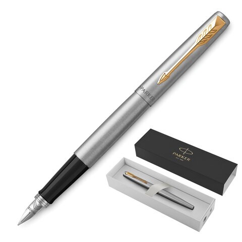 Ручка перьевая PARKER "Jotter Stainless Steel GT", корпус серебристый, позолота, синяя, 2030948 142939