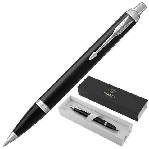 Ручка шариковая PARKER "IM Core Black Lacquer CT", черный глянцевый лак, детали хром, синяя, 1931665 142530