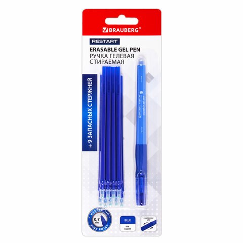 Ручка стираемая гелевая с эргономичным грипом + 9 стержней, BRAUBERG "RESTART", СИНЯЯ, игольчатый узел 0,7 мм, линия письма 0,35 мм, 144098 144098