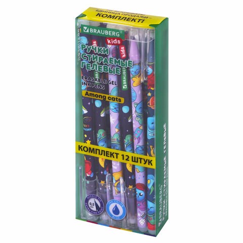 Ручки стираемые гелевые BRAUBERG KIDS "AMONG CATS", СИНИЕ, КОМПЛЕКТ 12 ШТУК, игольчатый наконечник 0,5 мм, линия 0,35 мм, 144099 144099