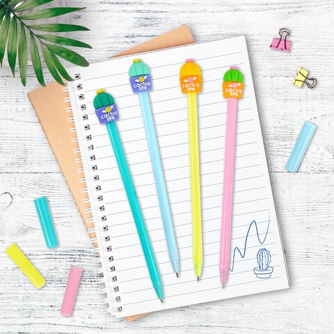 Ручка с топпером шариковая ЮНЛАНДИЯ "Кактус", корпус ассорти, СИНЯЯ, пишущий узел 0,7 мм, 143800 143800