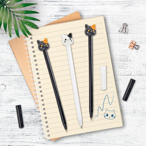 Ручка с топпером шариковая ЮНЛАНДИЯ "Кошка", корпус ассорти, СИНЯЯ, пишущий узел 0,7 мм, 143804 143804