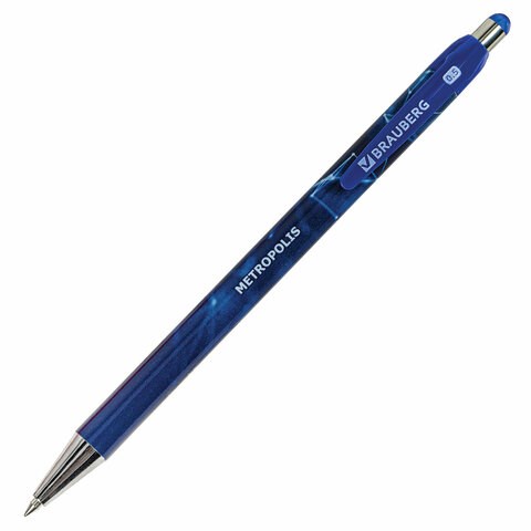 Ручка шариковая автоматическая BRAUBERG "Metropolis", СИНЯЯ, корпус синий, пишущий узел 0,5 мм, линия письма 0,3 мм, 144221 144221