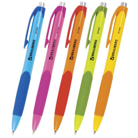 Ручка шариковая автоматическая с грипом BRAUBERG "Juicy", СИНЯЯ, корпус ассорти, узел 0,7 мм, линия письма 0,35 мм, 141546 141546