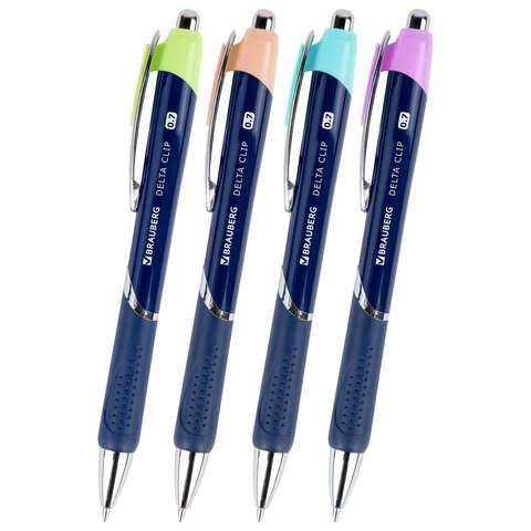 Ручка шариковая автоматическая с грипом BRAUBERG DELTA CLIP, СИНЯЯ, ассорти, узел 0,7 мм, линия письма 0,35 мм,144201 144201