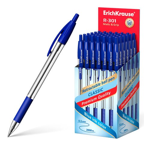 Ручка шариковая автоматическая с грипом ERICH KRAUSE "R-301 Classic", СИНЯЯ, 1,0 мм, линия письма 0,5 мм, 46758 143895