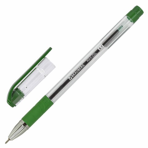 Ручка шариковая масляная с грипом BRAUBERG "Max-Oil", ЗЕЛЕНАЯ, игольчатый узел 0,7 мм, линия письма 0,35 мм, 142144 142144