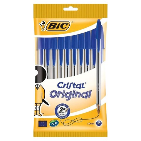 Ручки шариковые BIC "Cristal Original", НАБОР 10 шт., СИНИЕ, узел 1 мм, линия письма 0,32 мм, пакет, 830863 143972