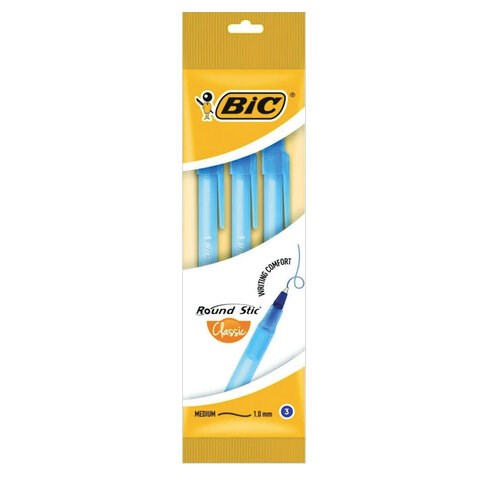 Ручки шариковые BIC "Round Stic", НАБОР 3 шт., СИНИЕ, узел 1 мм, линия письма 0,32 мм, пакет, 9021522 143984