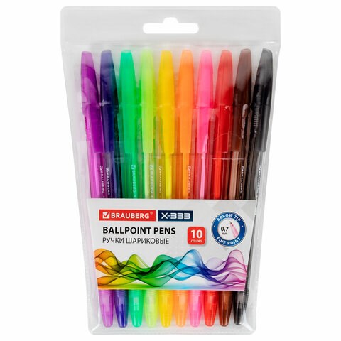 Ручки шариковые BRAUBERG "X-333", НАБОР 10 цветов, узел 0,7 мм, линия 0,35 мм, 144251 144251